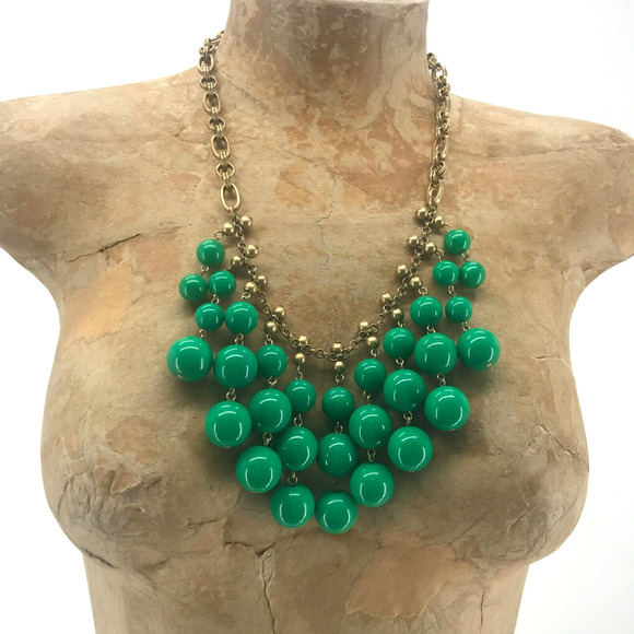 Stella & Dot Beaded Bib Statement Necklace Green Gold Princess Length Chain Link - Picture 1 of 12